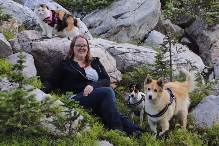 Monica is pictured with a cat and two dogs. Tags: dog training, cat training, positive reinforcement training, positive reinforcement trainer, clicker trainer, kind training, fun training, dog trainer, cat trainer, animal trainer, pet trainer, pet training, Cheyenne Wyoming, Cheyenne dog training, trick training, trick trainer, positive reinforcement, positive methods, force free, fear free, canine good citizen