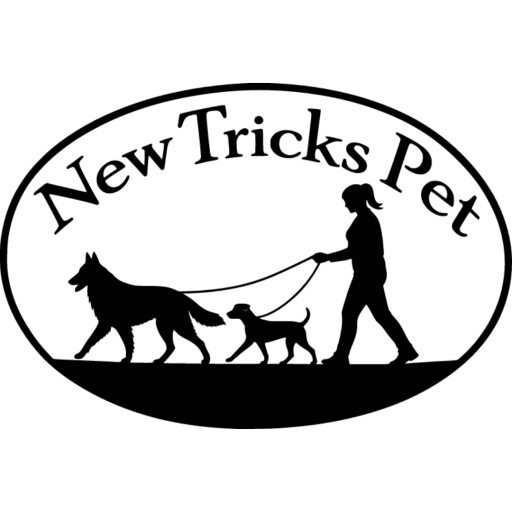 An oval silhouette logo of a woman walking a Belgian Tervuren and Danish-Swedish Farmdog with the words New Tricks Pet above them.